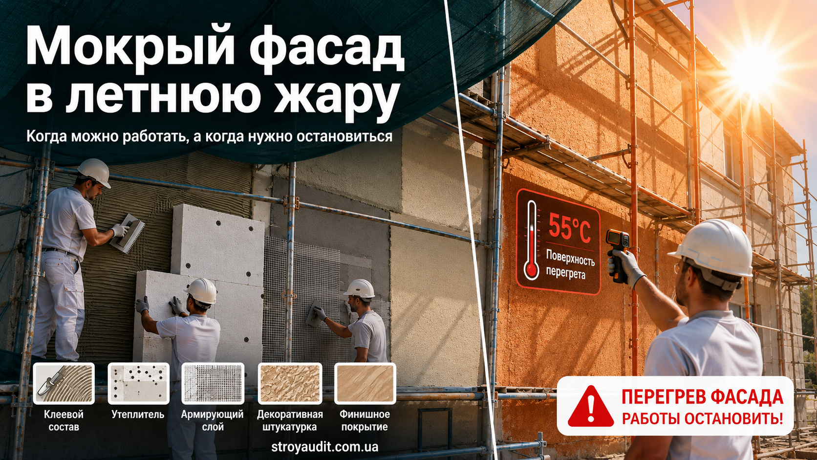 Мокрый фасад в летнюю жару: технология, материалы, температурные допуски и условия прекращения работ