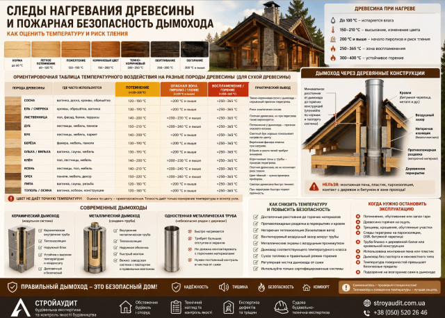 Сліди нагрівання деревини біля димоходу: як оцінити температуру, ризик тління і пожежну безпеку